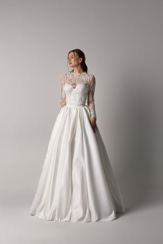 Three-Piece Wedding Dress – Satin, Lace & Overskirt Gown