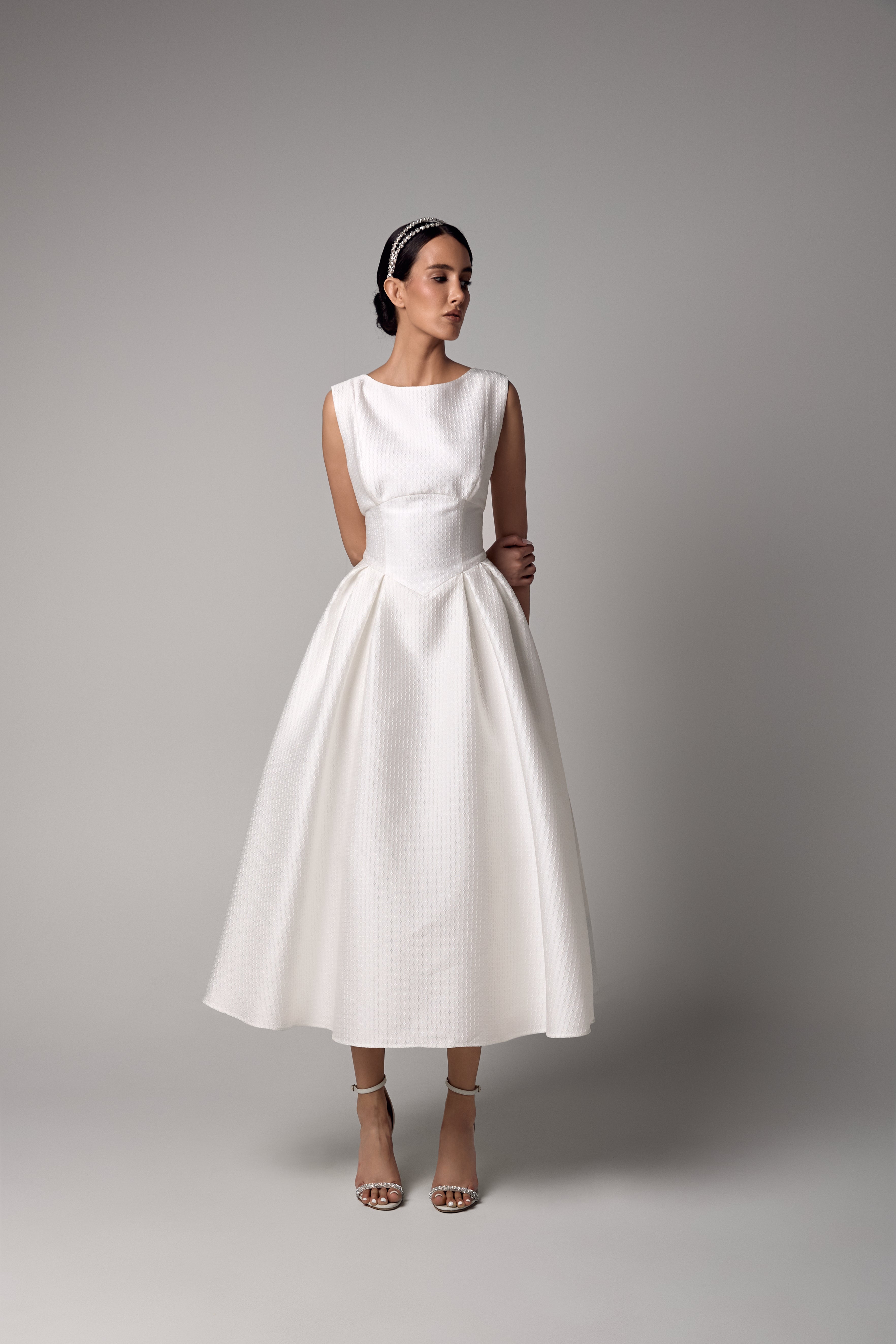 midi length wedding dress Tea-Length Wedding Dress – Jacquard Midi Bridal Gown