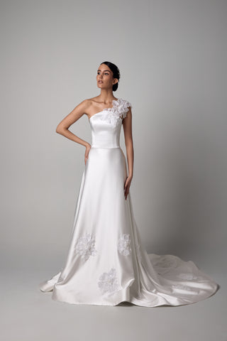 A-Line Wedding Dress – Silk Satin One-Shoulder Gown