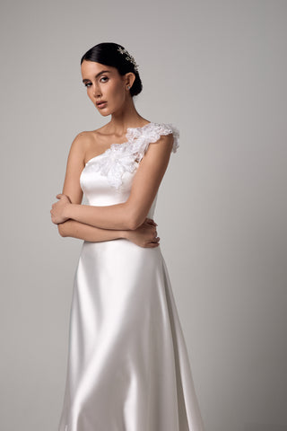A-Line Wedding Dress – Silk Satin One-Shoulder Gown