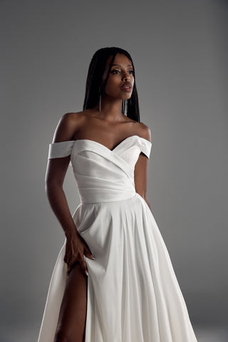 A-Line Wedding Dress – Taffeta Gown with Slit & Overskirt