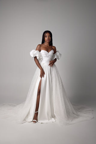 A-Line Wedding Dress – Taffeta Gown with Slit & Overskirt