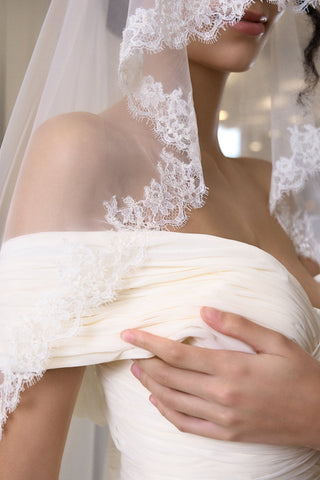 Tulle Elbow Veil with Handmade French Lace Trim and Beads