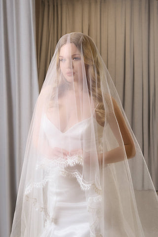 Tulle Cathedral Length Veil with Chantilly Lace Trim