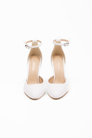 WHITE LEATHER CLOSED TOE HIGH BLOCK HEEL ANKLE STRAP SANDALS