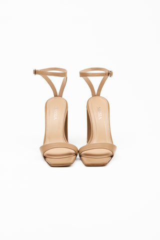 NUDE LEATHER OPEN TOE HIGH BLOCK HEEL ANKLE STRAP SANDALS