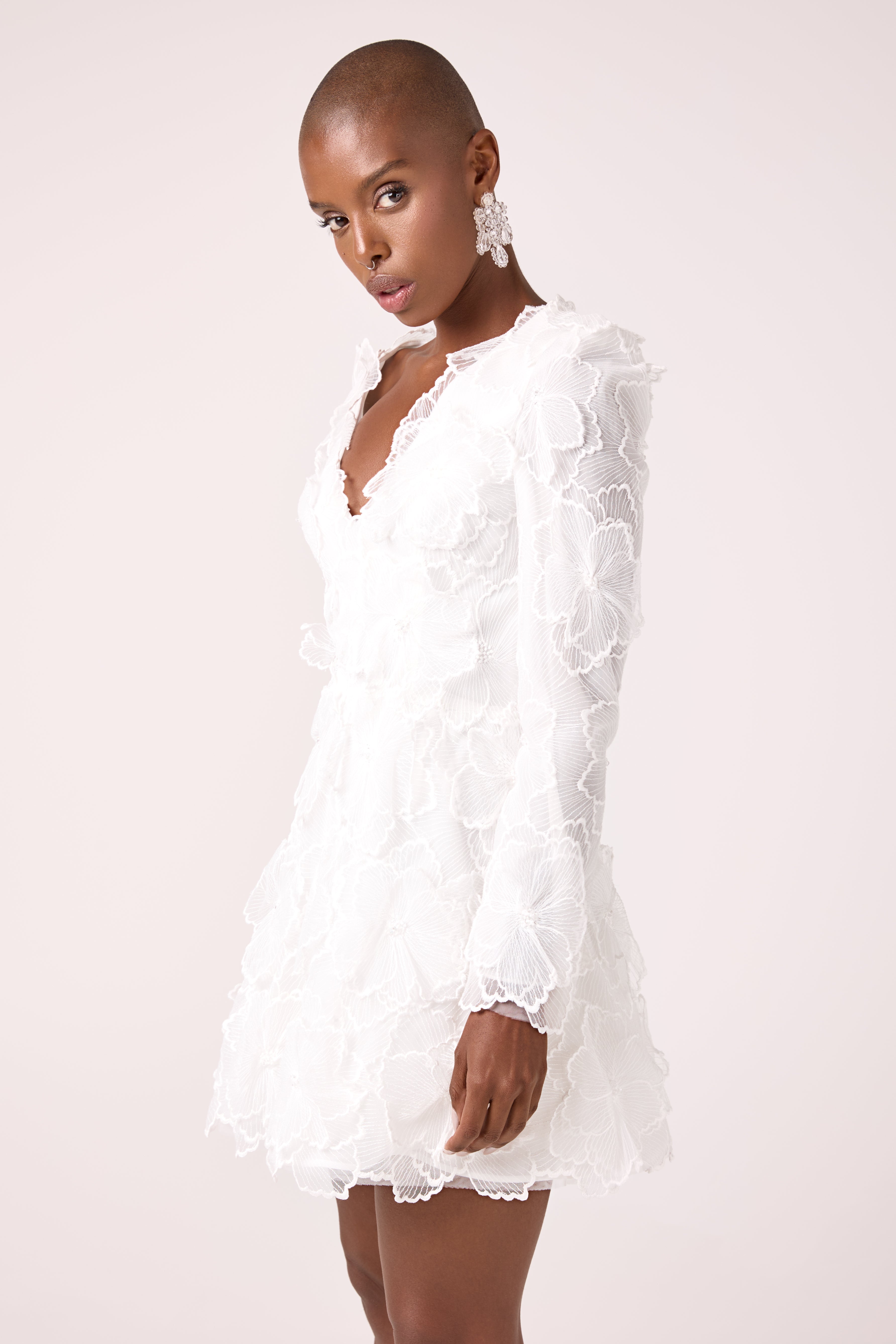 long sleeve mini wedding dress Romantic Floral Embellished Long-Sleeve Mini Wedding Dress