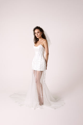 Modern Satin Dress with Sparkling Beaded Details and Tulle Skirt