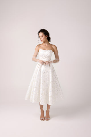 Chic Strapless Tea-Length A-Line Wedding Dress with Floral Embellishments