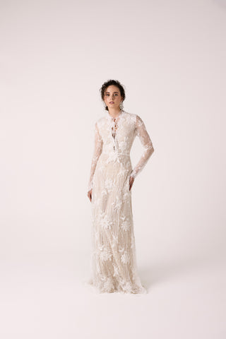 Romantic Sparkling Lace Dress with Nude Undertone and Long Sleeves