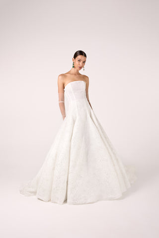 Timeless Strapless Glitter Tulle Ball Gown with Subtle Floral Pattern