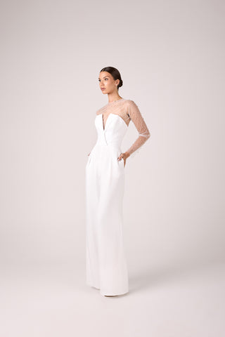 Elegant Wedding Crepe Jumpsuit with Tulle Top and Pearl Embellishments