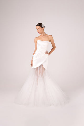 Convertible Satin Mini Wedding Dress with Detachable Tulle Skirt