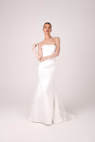 Elegant Satin and Sheer Illusion Pearl-Embellished Mermaid Wedding Dress