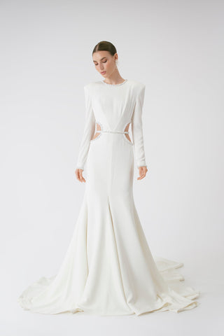 Elegant Satin Long Sleeve Fit-and-Flare Wedding Dress